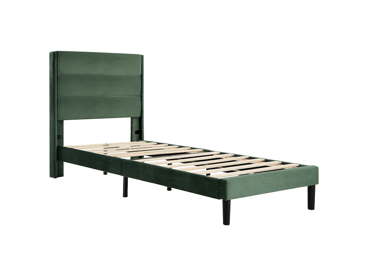 Lit complet 90x200 velours vert foncé, tête rembourrée, sommier lattes, matelas inclus, une place