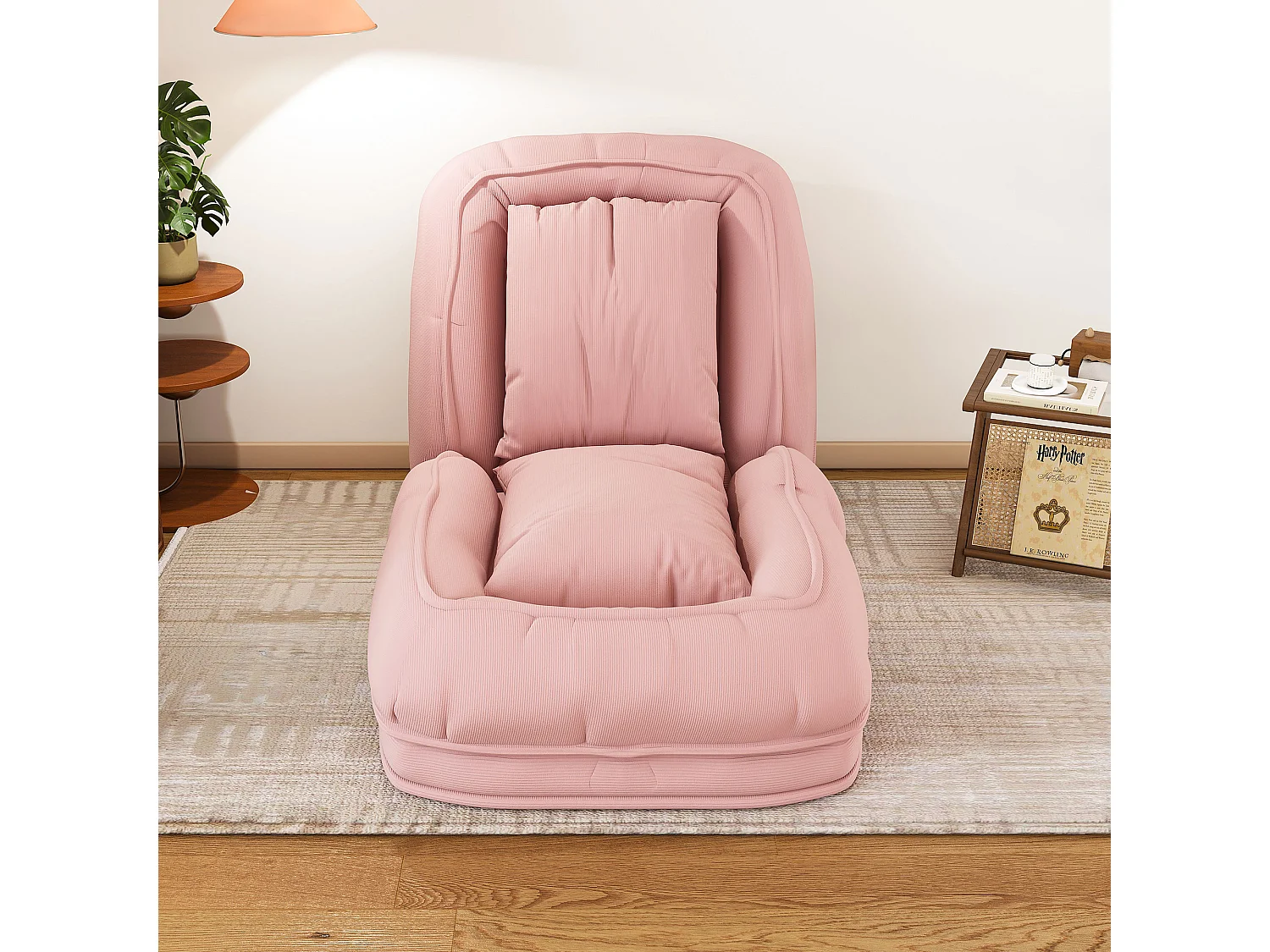 Fauteuil convertible pliable rose, dossier 5 positions, 2 coussins, lit d'appoint, salon
