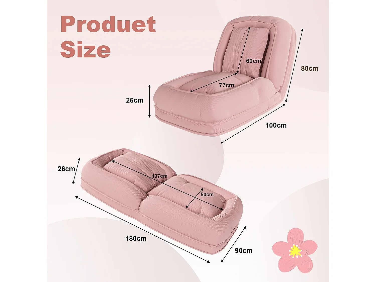 Fauteuil convertible pliable rose, dossier 5 positions, 2 coussins, lit d'appoint, salon