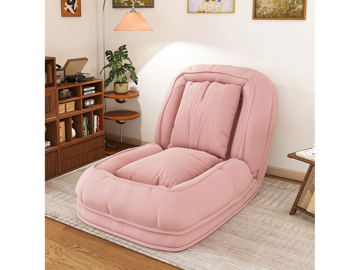 Fauteuil convertible pliable rose, dossier 5 positions, 2 coussins, lit d'appoint, salon