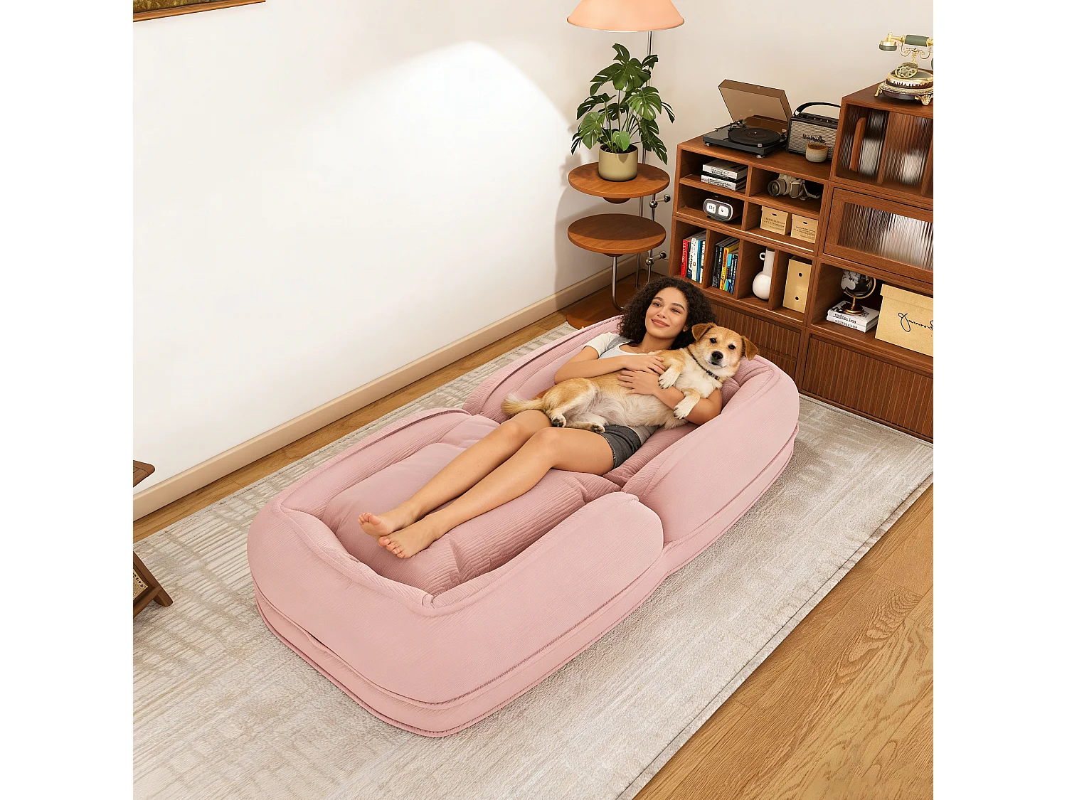 Fauteuil convertible pliable rose, dossier 5 positions, 2 coussins, lit d'appoint, salon