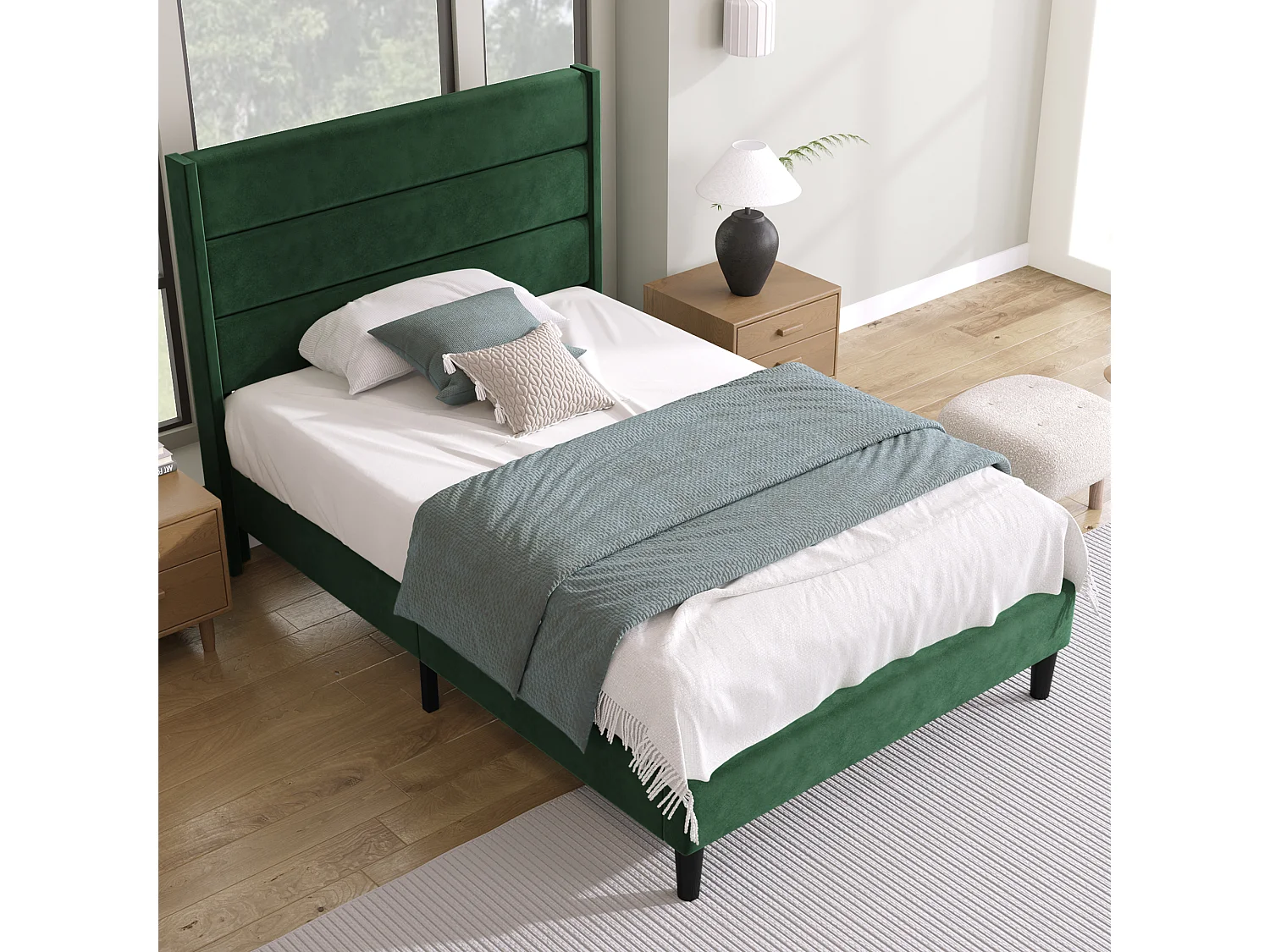 Lit 90x200 en velours vert foncé, tête de lit rembourrée, sommier lattes, lit une place