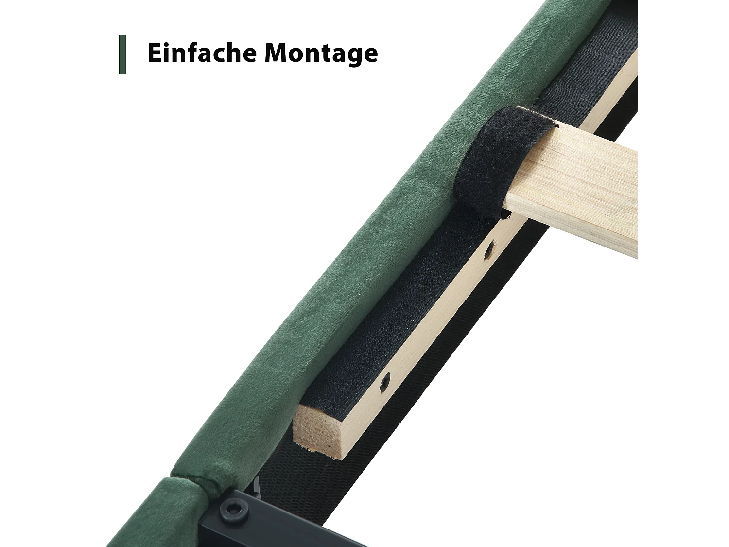 Lit 90x200 en velours vert foncé, tête de lit rembourrée, sommier lattes, lit une place