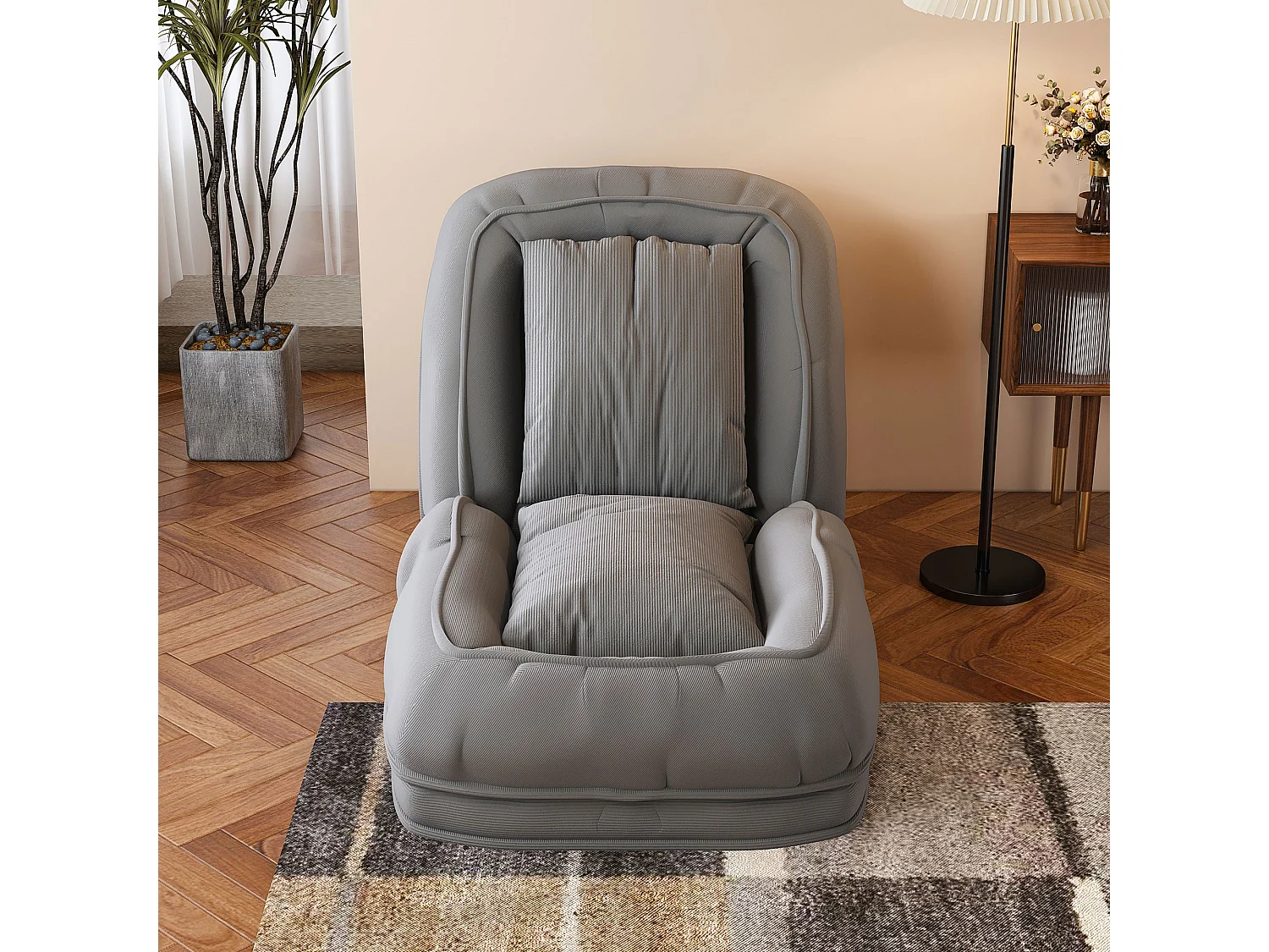 Fauteuil convertible pliable gris, dossier 5 positions, 2 coussins, lit d'appoint, salon
