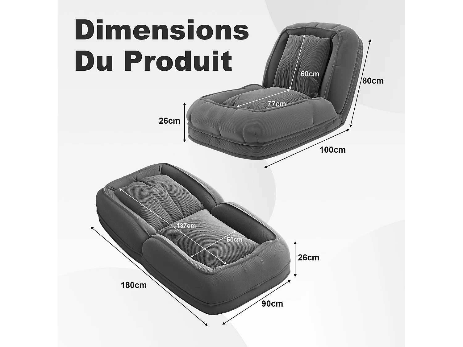 Fauteuil convertible pliable gris, dossier 5 positions, 2 coussins, lit d'appoint, salon