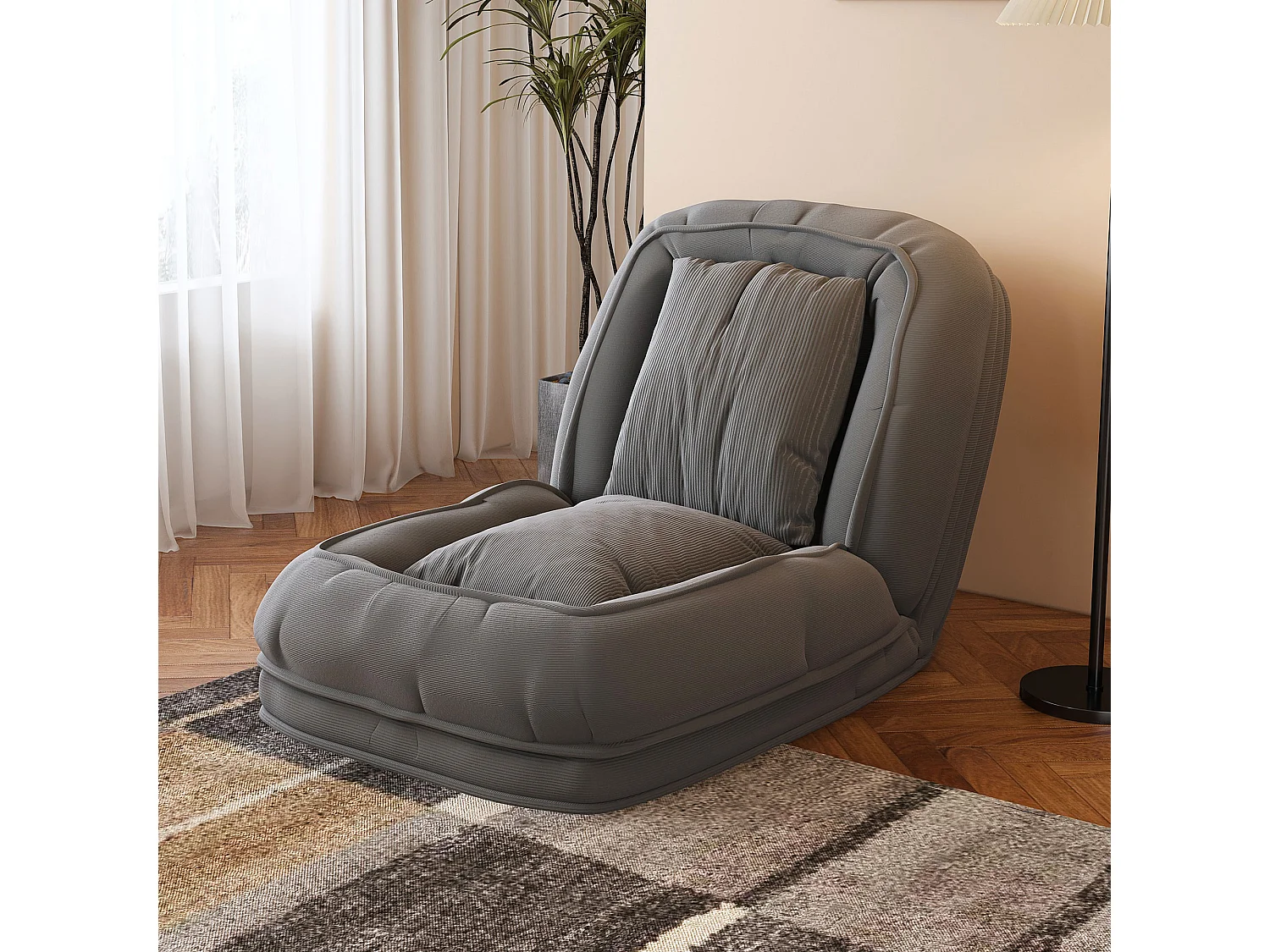 Fauteuil convertible pliable gris, dossier 5 positions, 2 coussins, lit d'appoint, salon