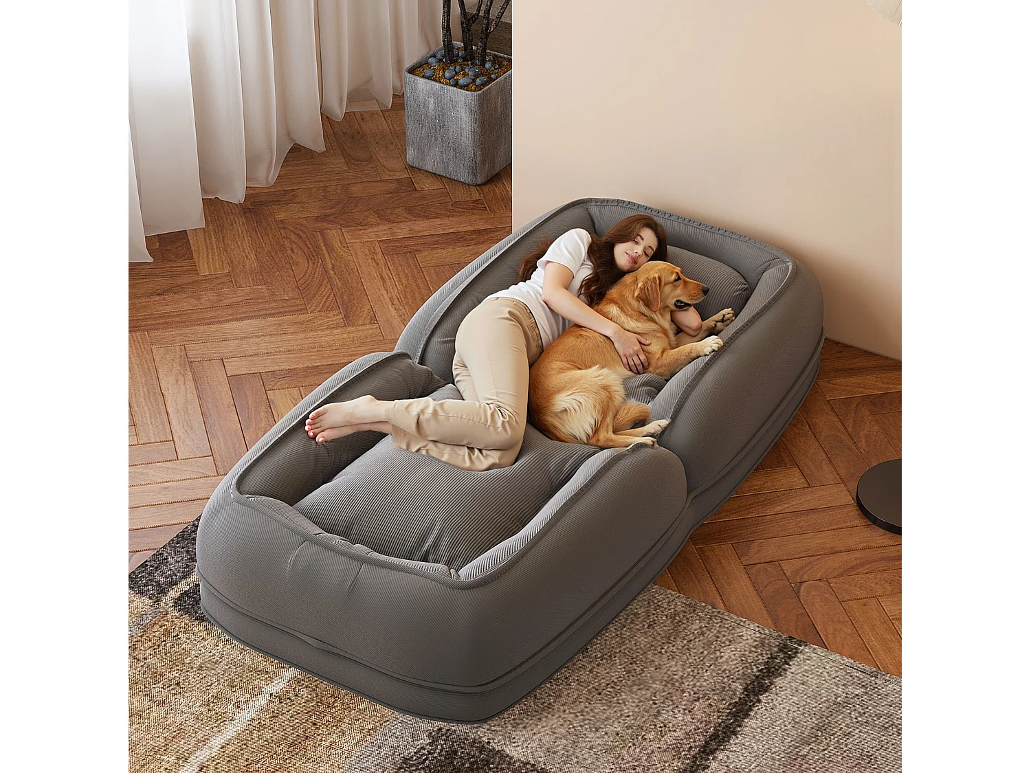 Fauteuil convertible pliable gris, dossier 5 positions, 2 coussins, lit d'appoint, salon