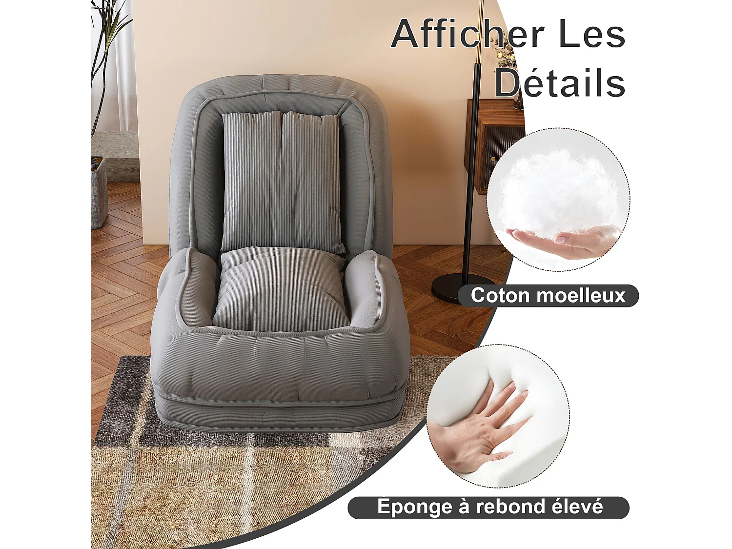 Fauteuil convertible pliable gris, dossier 5 positions, 2 coussins, lit d'appoint, salon