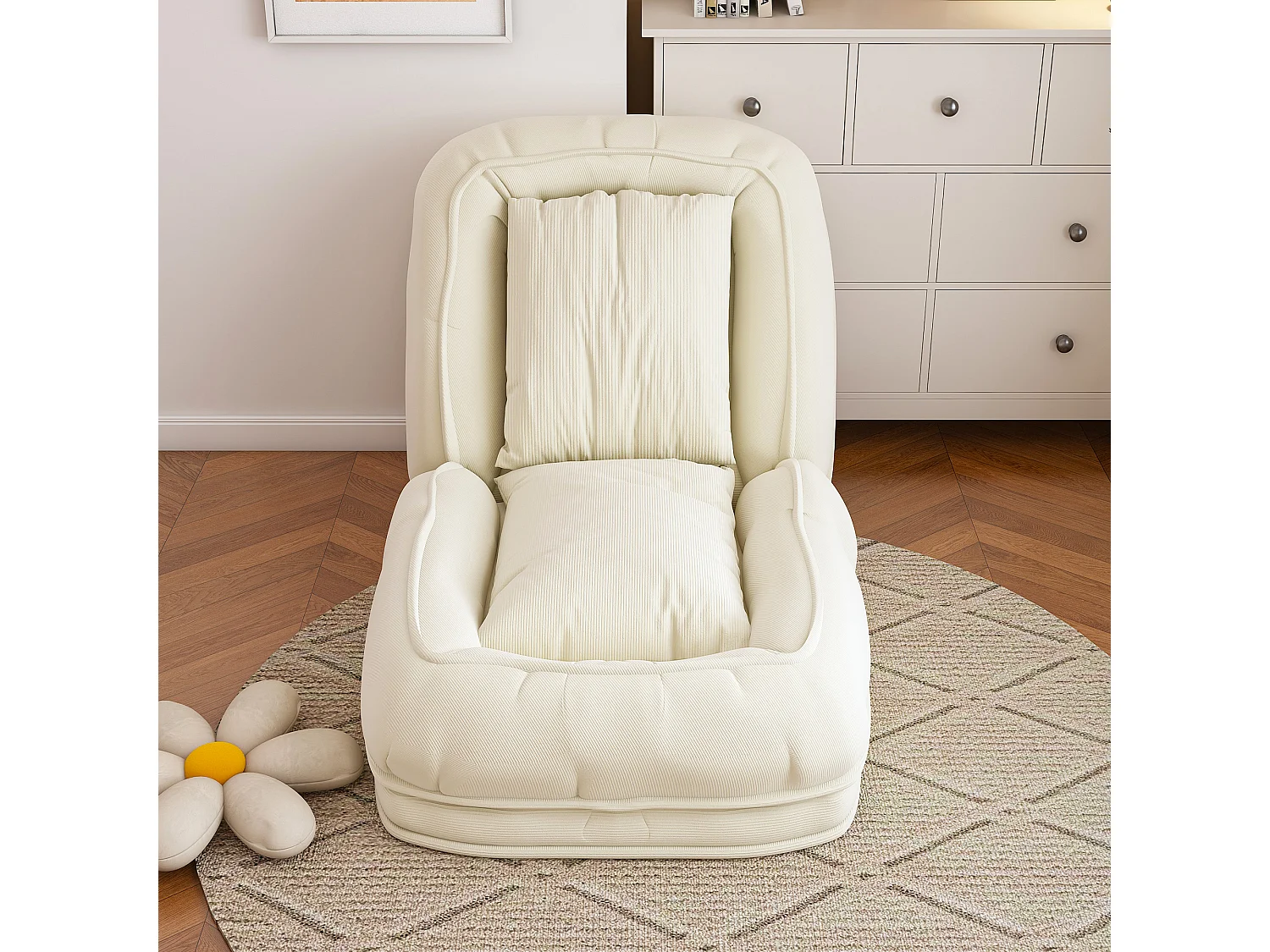 Fauteuil convertible pliable crème, dossier 5 positions, 2 coussins, lit d'appoint, salon