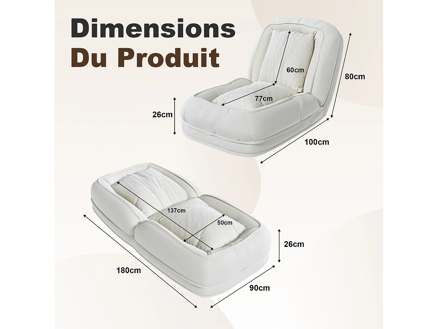Fauteuil convertible pliable crème, dossier 5 positions, 2 coussins, lit d'appoint, salon