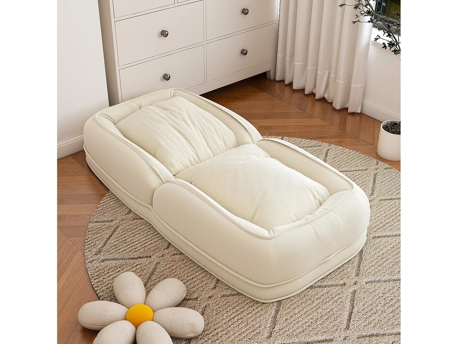 Fauteuil convertible pliable crème, dossier 5 positions, 2 coussins, lit d'appoint, salon