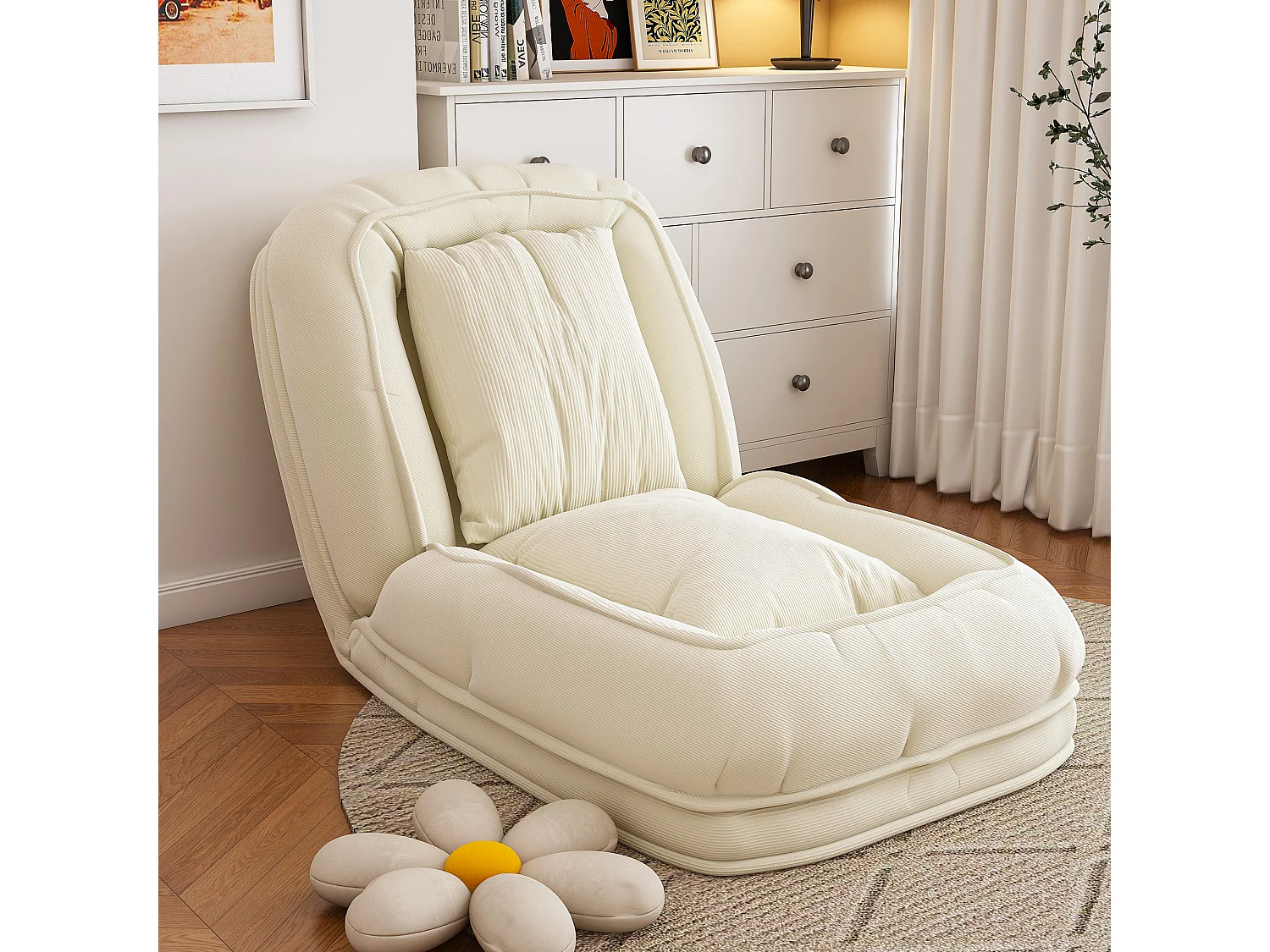 Fauteuil convertible pliable crème, dossier 5 positions, 2 coussins, lit d'appoint, salon