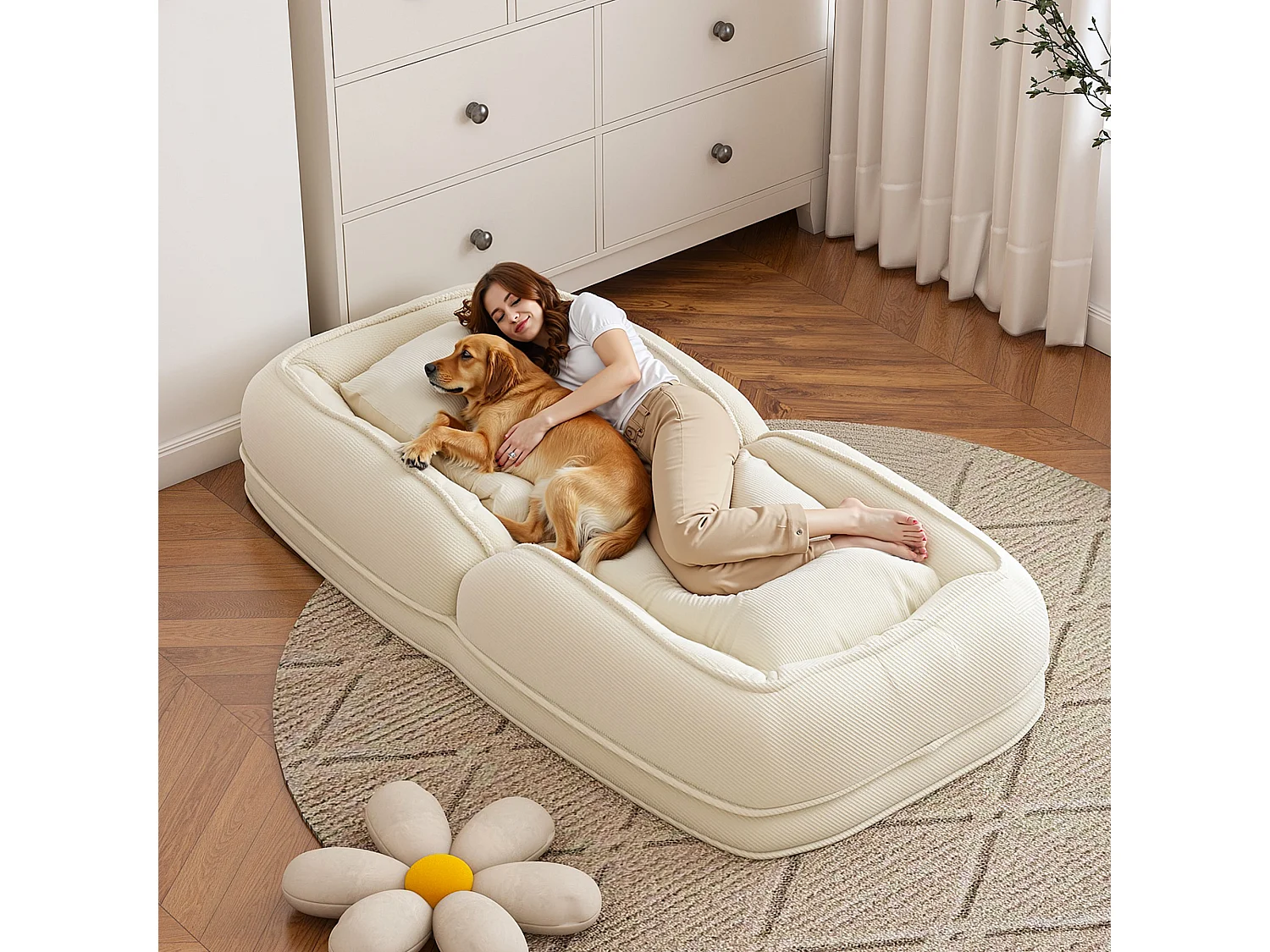 Fauteuil convertible pliable crème, dossier 5 positions, 2 coussins, lit d'appoint, salon