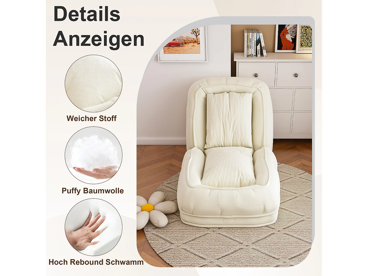Fauteuil convertible pliable crème, dossier 5 positions, 2 coussins, lit d'appoint, salon