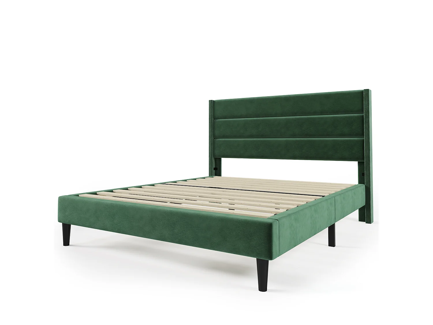 Lit double 140x200 en velours vert foncé, tête de lit rembourrée, sommier lattes, design moderne