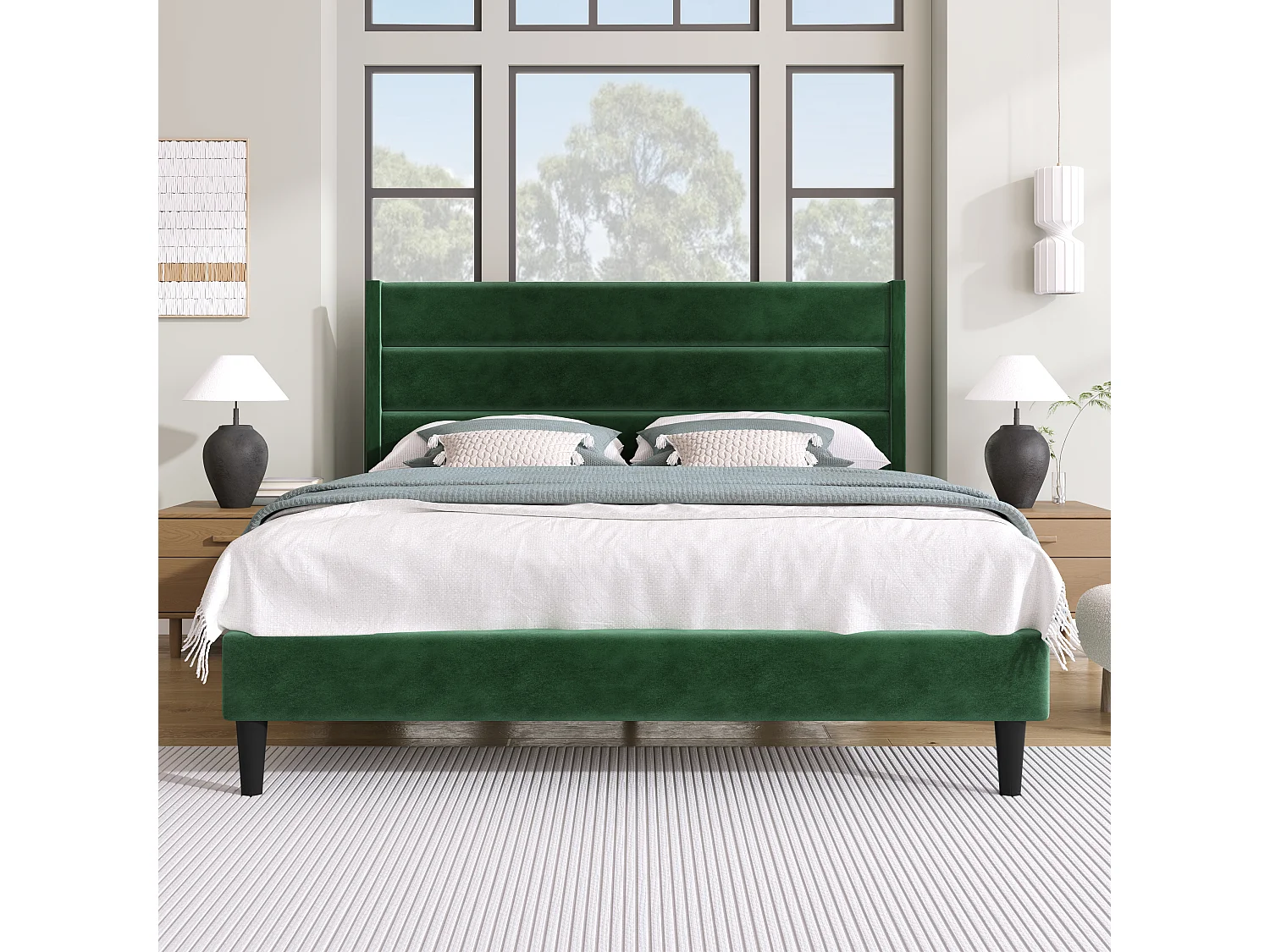 Lit double 140x200 en velours vert foncé, tête de lit rembourrée, sommier lattes, design moderne