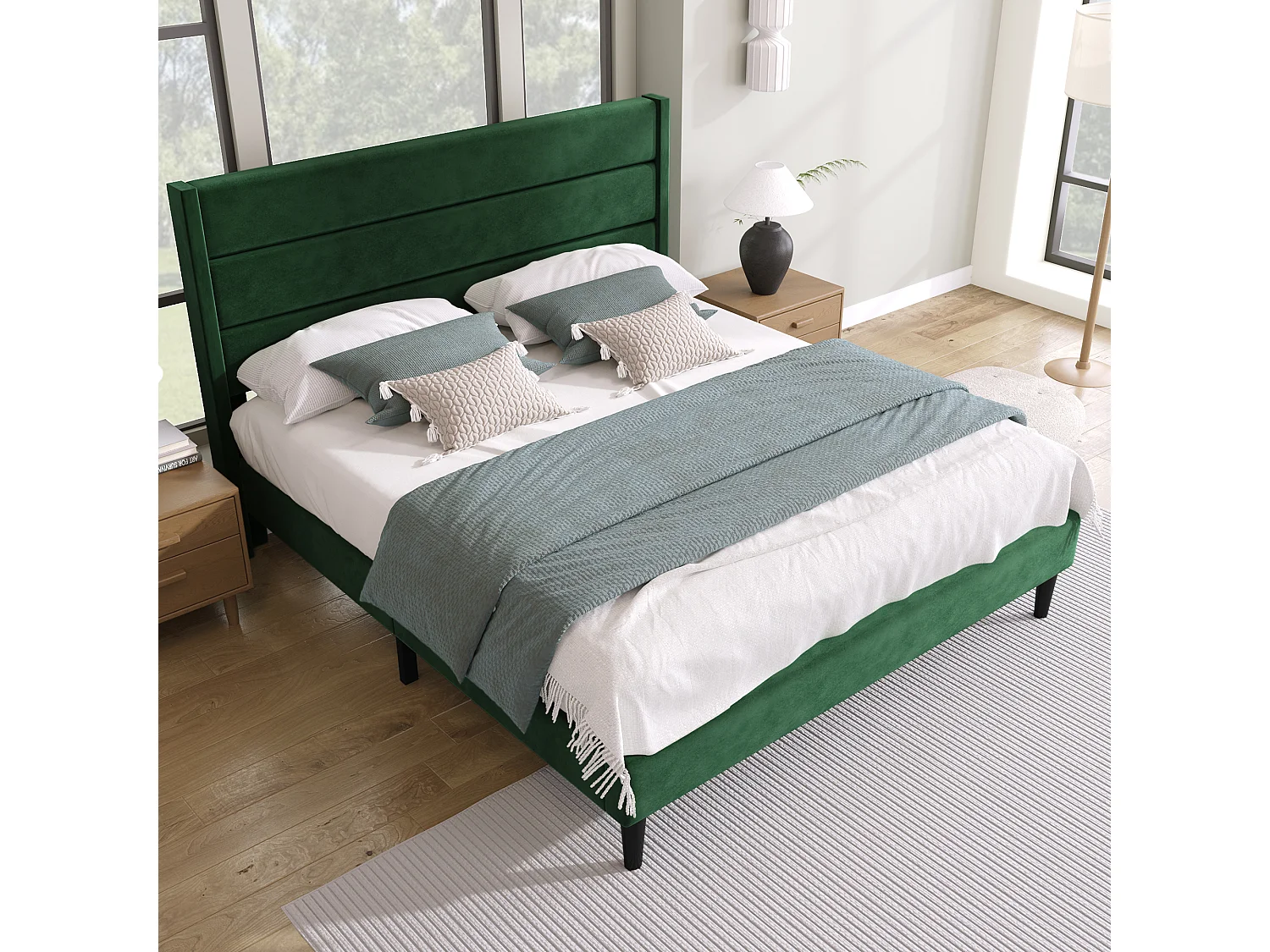 Lit double 140x200 en velours vert foncé, tête de lit rembourrée, sommier lattes, design moderne