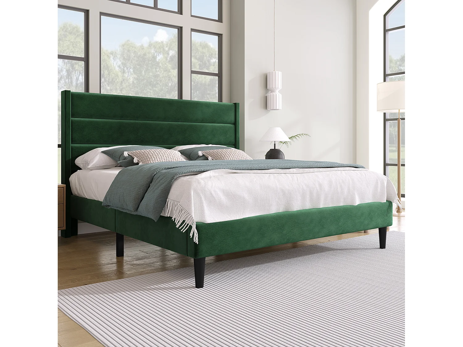 Lit double 140x200 en velours vert foncé, tête de lit rembourrée, sommier lattes, design moderne