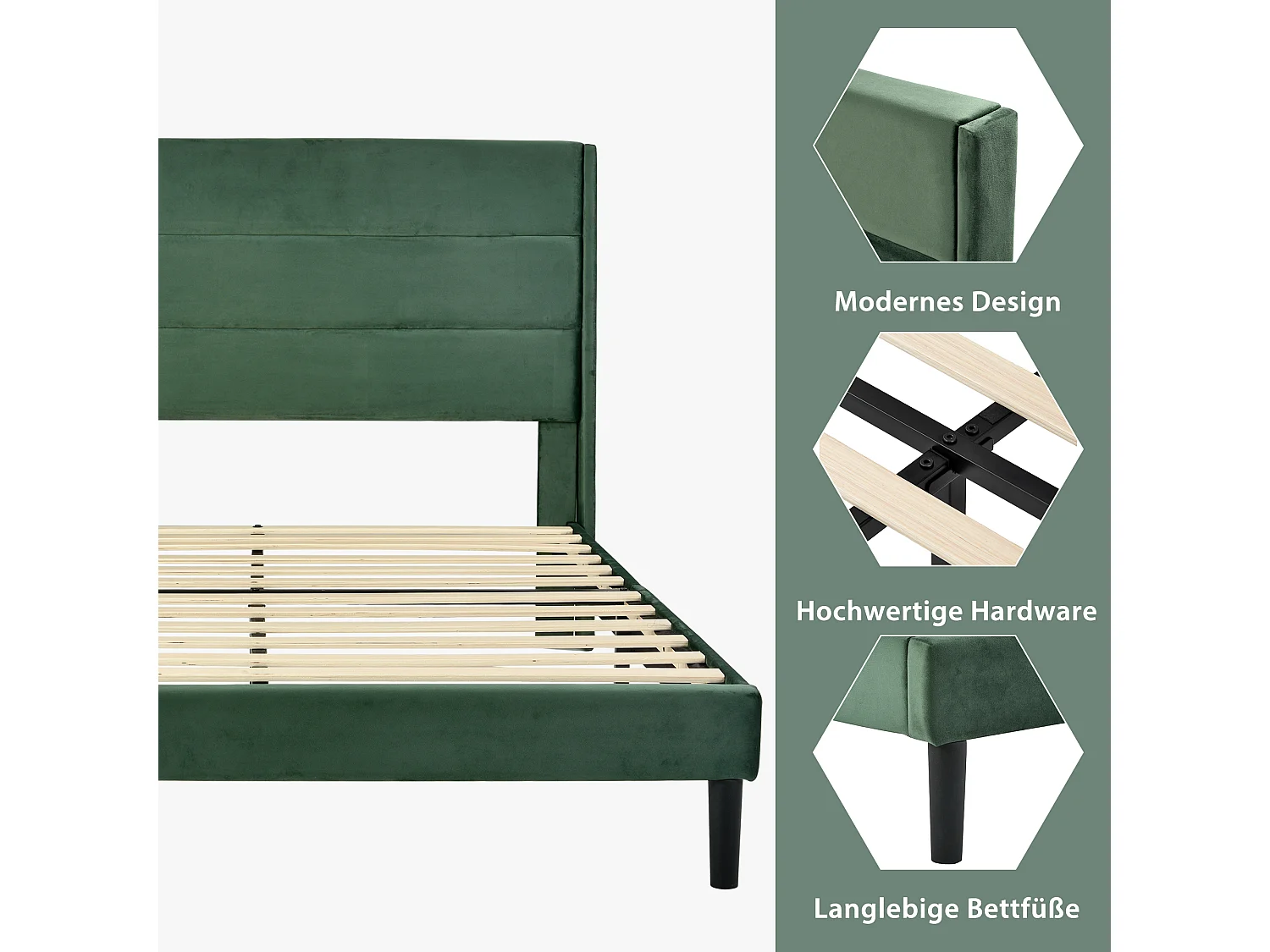 Lit double 140x200 en velours vert foncé, tête de lit rembourrée, sommier lattes, design moderne