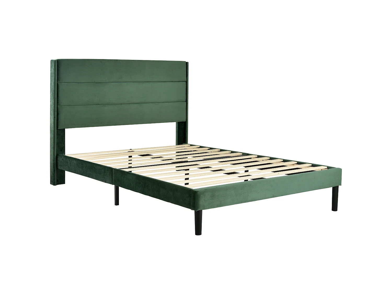 Lit double 140x200 en velours vert foncé, tête de lit rembourrée, sommier lattes, design moderne
