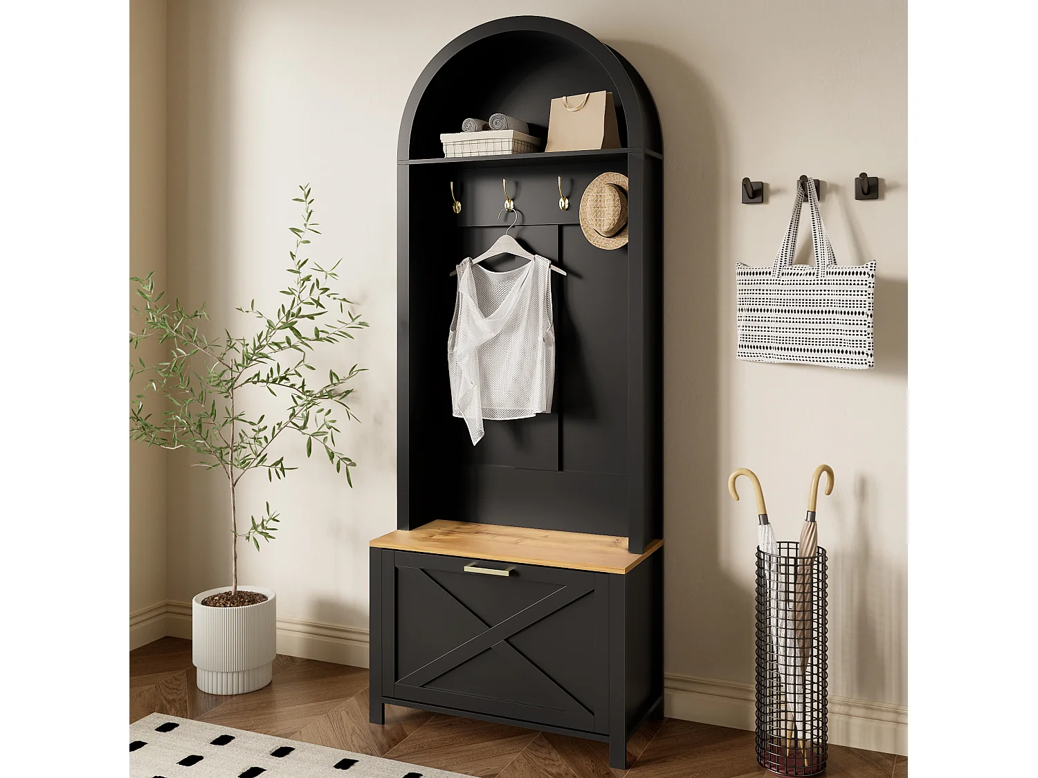 Vestiaire d'entrée avec meuble à chaussures, étagère et crochets, design moderne, rangement pratique