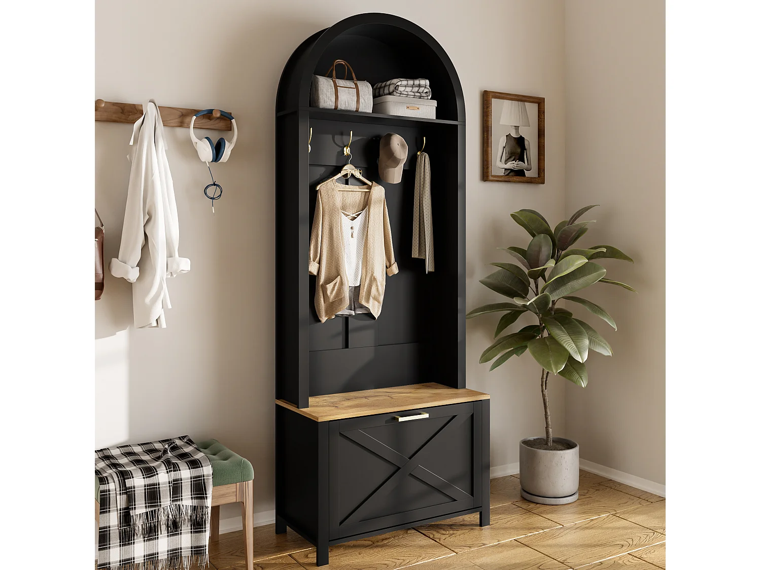Vestiaire d'entrée avec meuble à chaussures, étagère et crochets, design moderne, rangement pratique