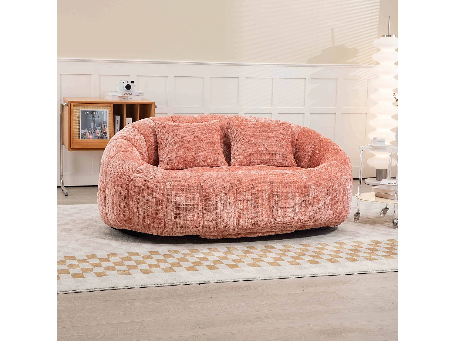 Fauteuil paresseux en chenille rose, 2 coussins, haut dossier, design scandinave, salon