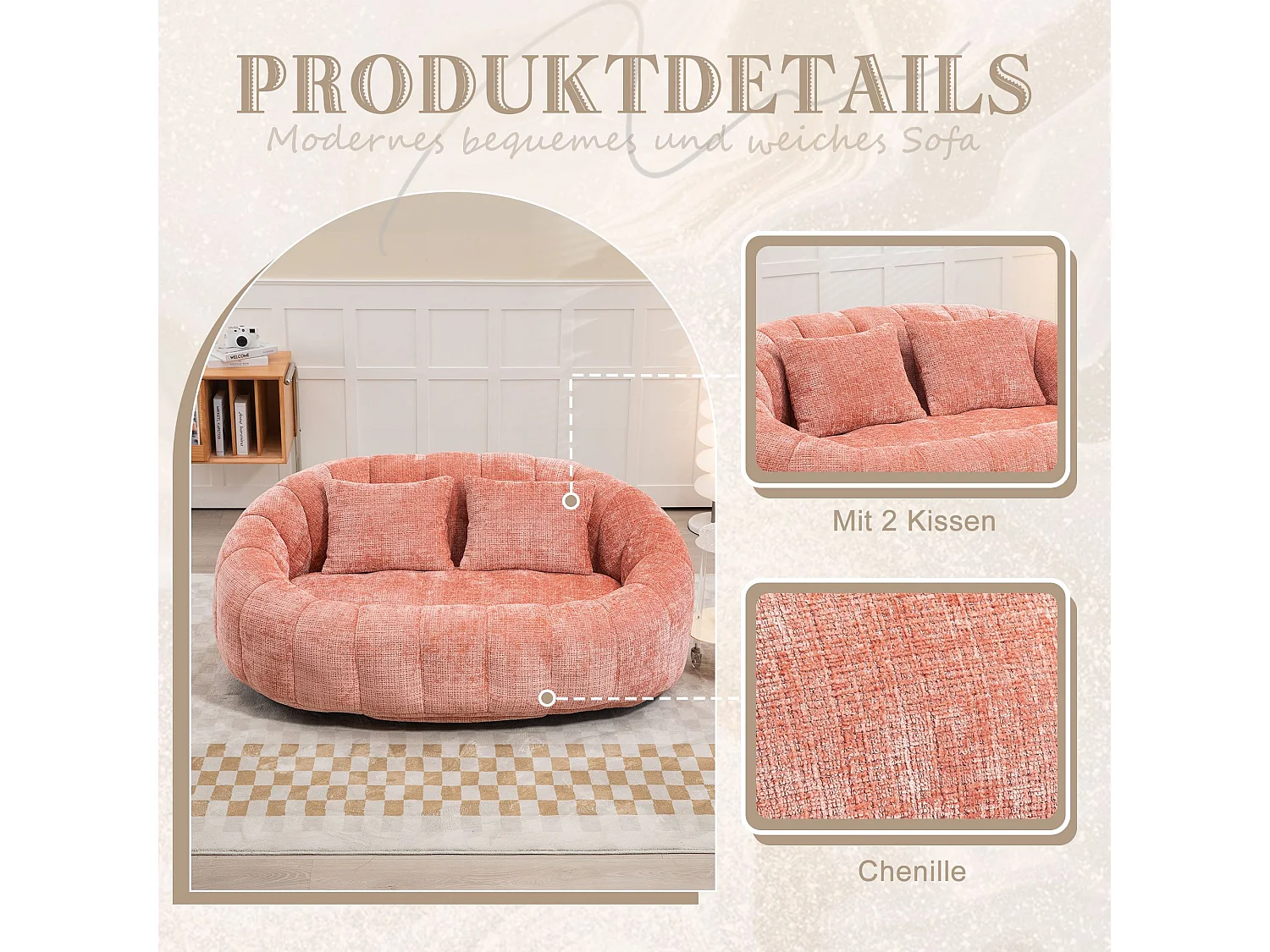 Fauteuil paresseux en chenille rose, 2 coussins, haut dossier, design scandinave, salon