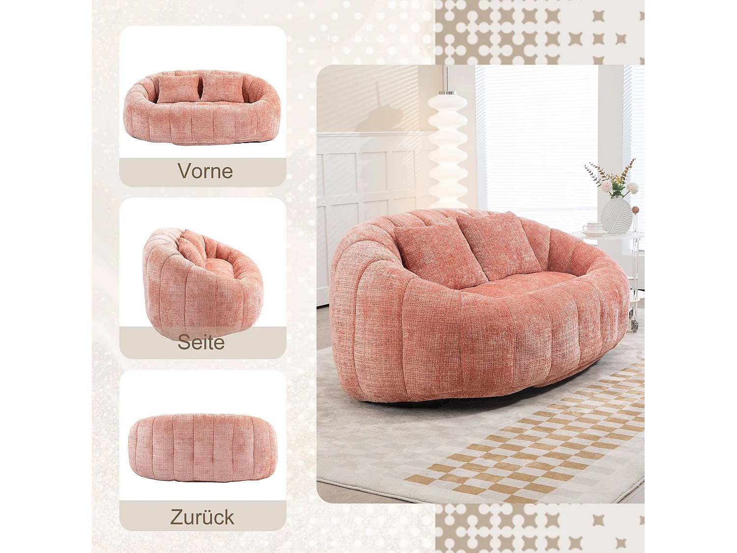 Fauteuil paresseux en chenille rose, 2 coussins, haut dossier, design scandinave, salon