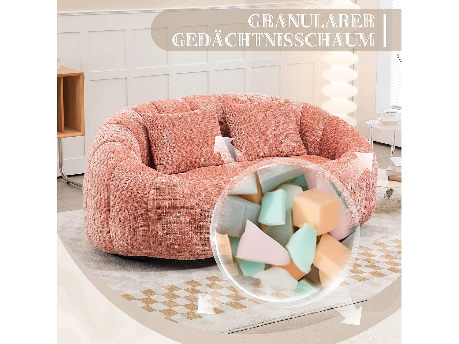 Fauteuil paresseux en chenille rose, 2 coussins, haut dossier, design scandinave, salon