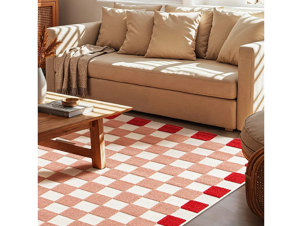 Tapis intérieur/extérieur damier rose et rouge 80x150cm - Mona