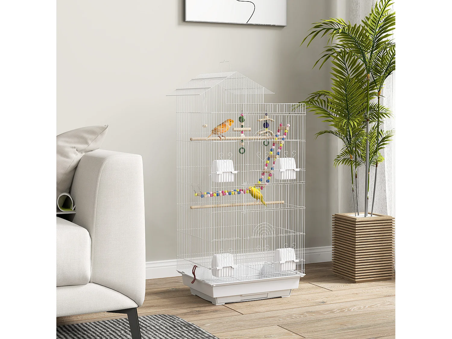 Cage à oiseaux volière 46 x 36 x 100 cm - 2 portes, 9 trappes, plateau déjection, nombreux accessoires - blanc