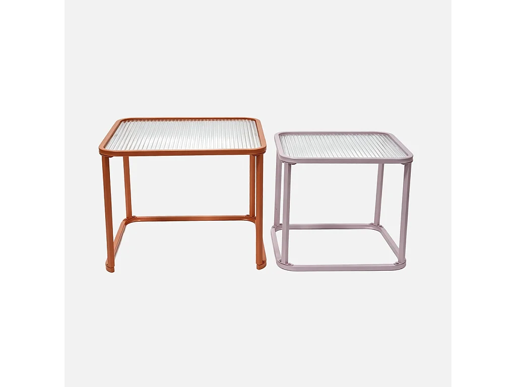 Tables gigognes métal et verre strié orange et rose - Tano