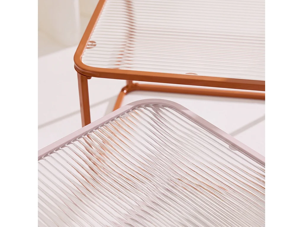 Tables gigognes métal et verre strié orange et rose - Tano