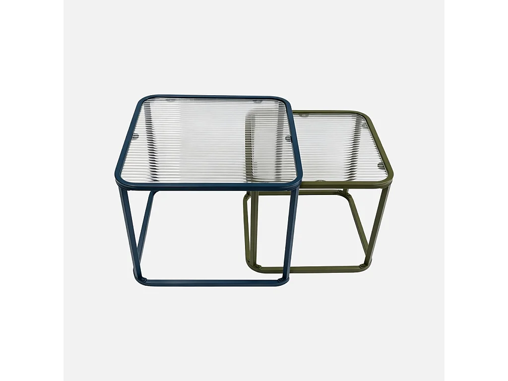 Tables gigognes métal et verre strié bleu et vert - Tano