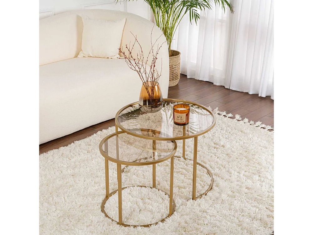 Ensemble de 2 tables gigognes rondes en métal et verre Aurum