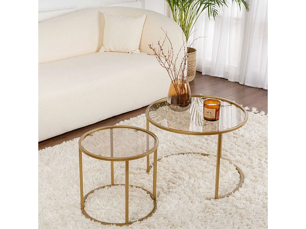 Ensemble de 2 tables gigognes rondes en métal et verre Aurum