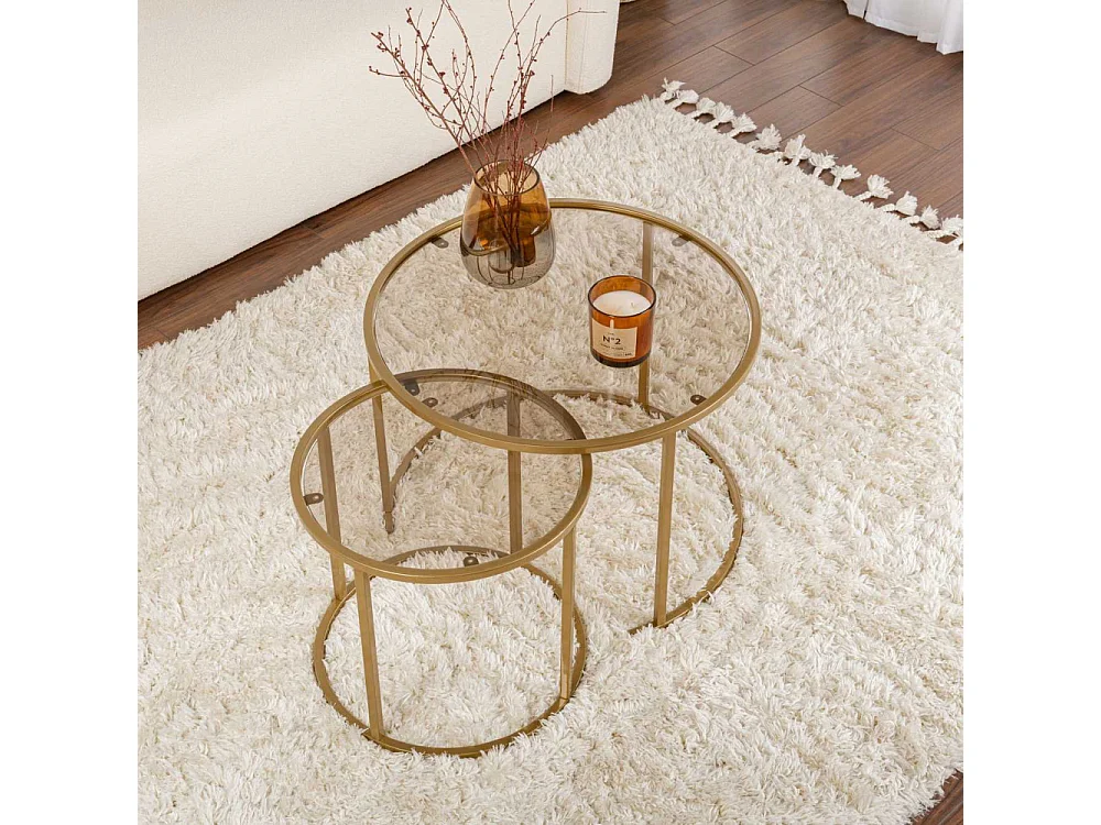 Ensemble de 2 tables gigognes rondes en métal et verre Aurum