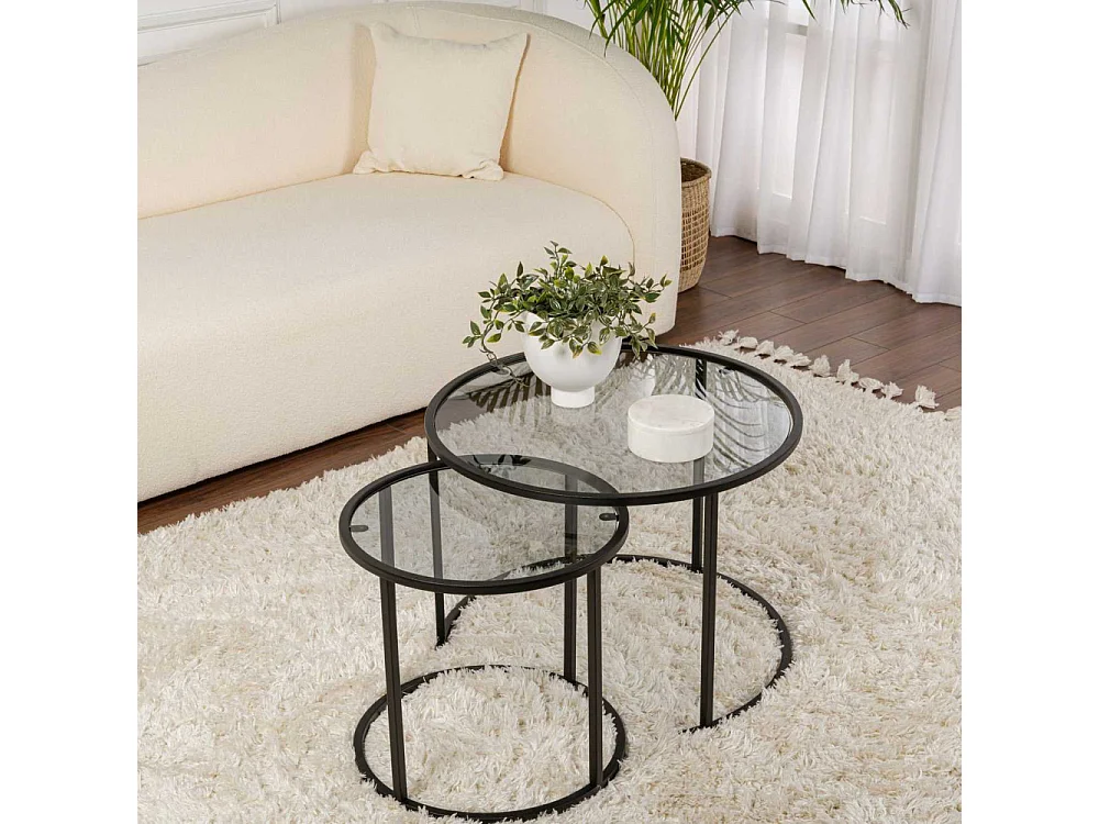 Ensemble de 2 tables gigognes rondes en métal et verre Aurum