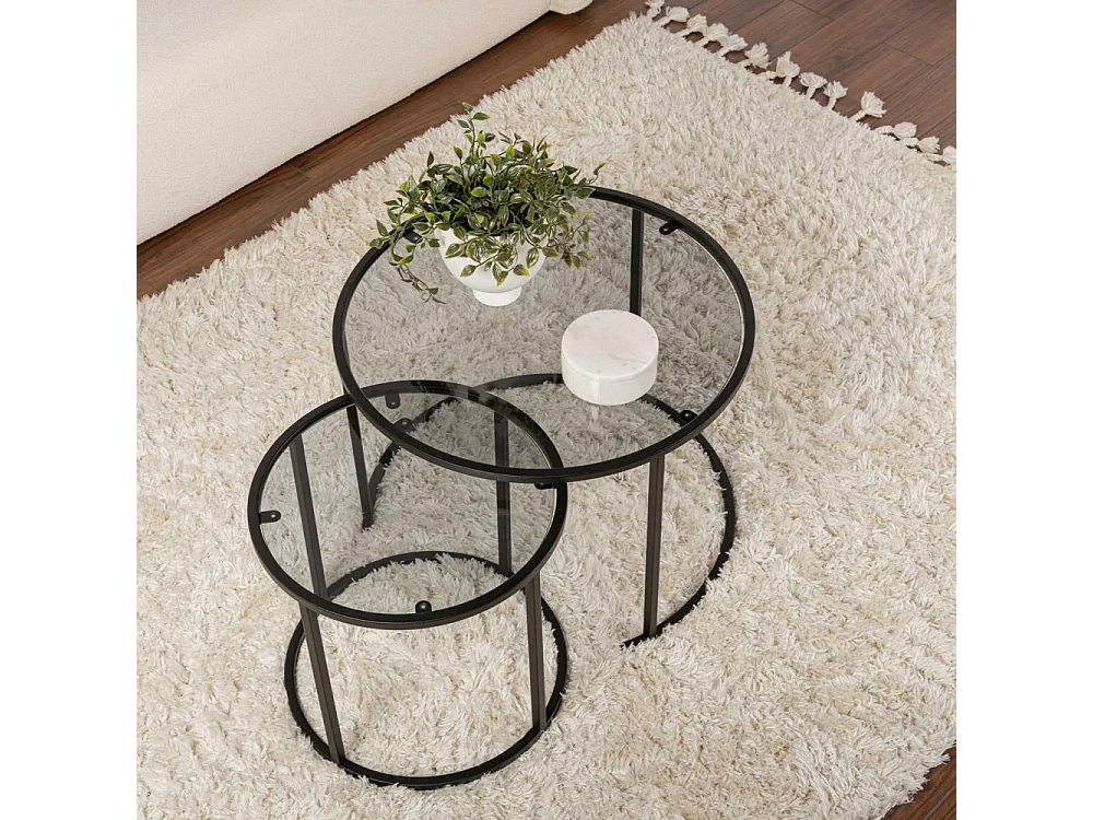 Ensemble de 2 tables gigognes rondes en métal et verre Aurum
