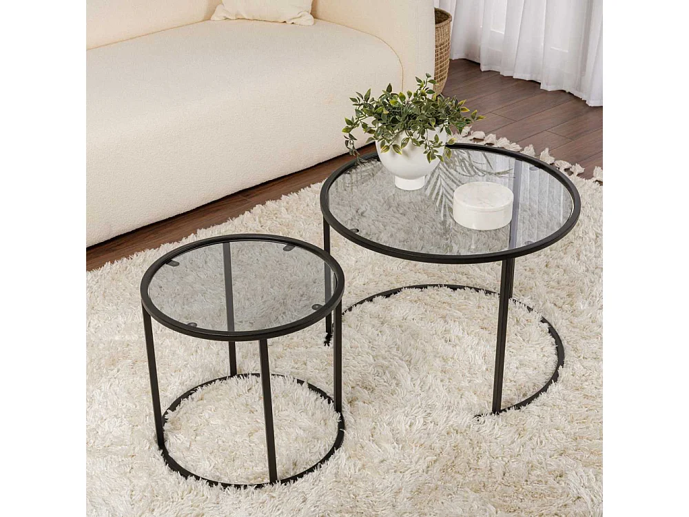 Ensemble de 2 tables gigognes rondes en métal et verre Aurum
