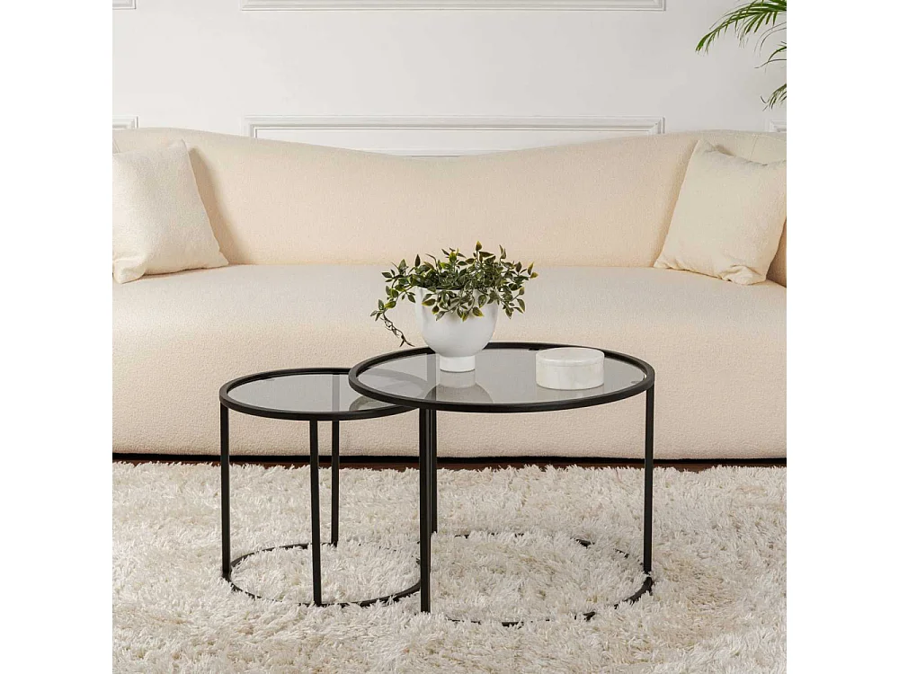 Ensemble de 2 tables gigognes rondes en métal et verre Aurum