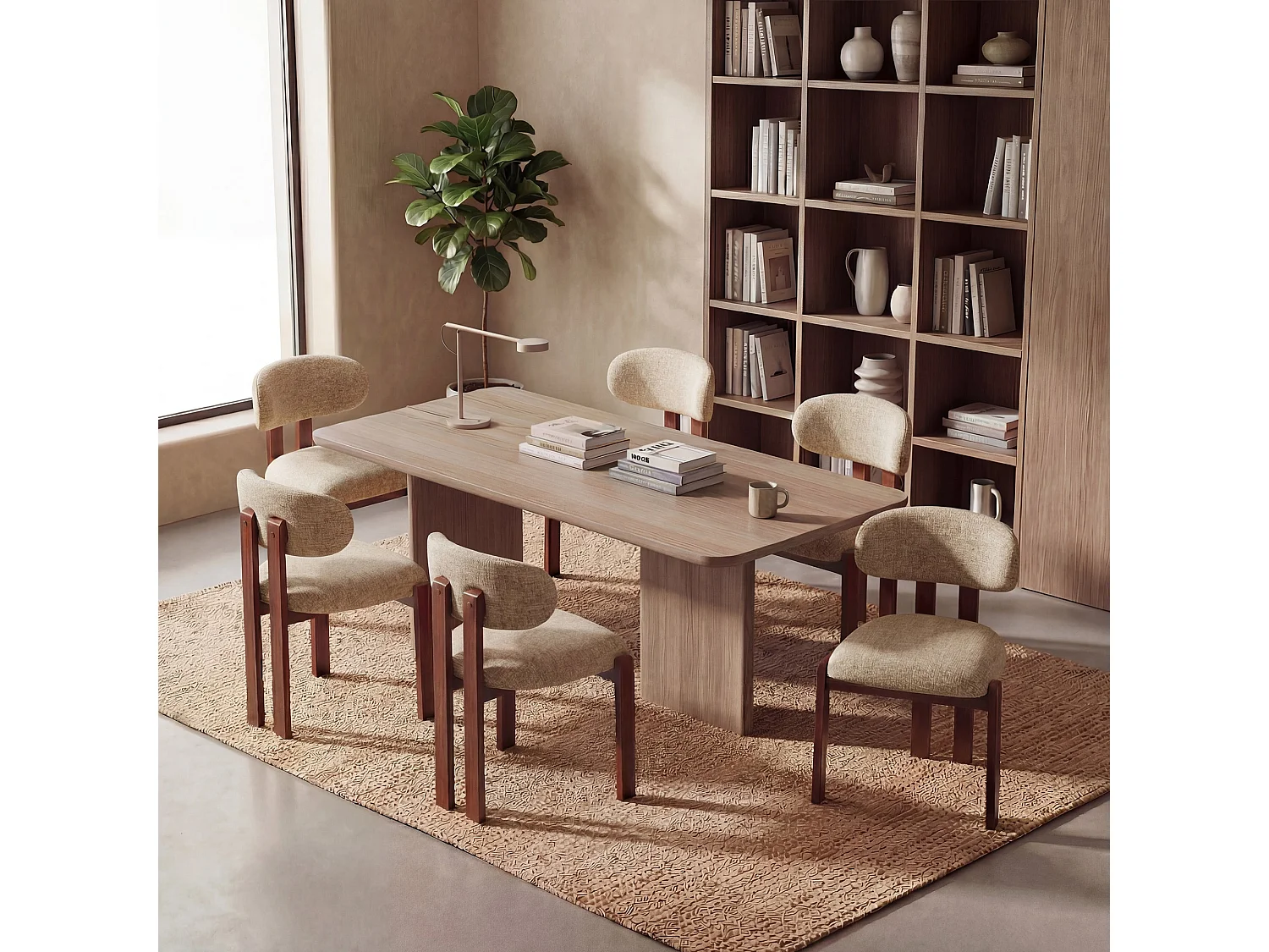 Set di 6 sedie caramello SMARTUE, rivestimento in tessuto ciniglia, seduta spessa, schienale curvo, gambe in legno di hevea color noce scuro
