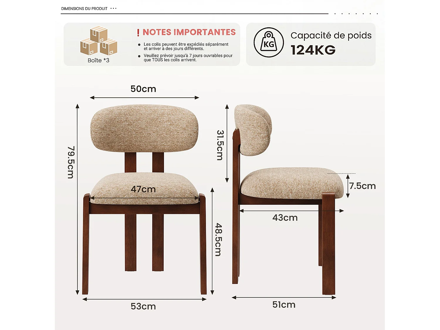 Set di 6 sedie caramello SMARTUE, rivestimento in tessuto ciniglia, seduta spessa, schienale curvo, gambe in legno di hevea color noce scuro