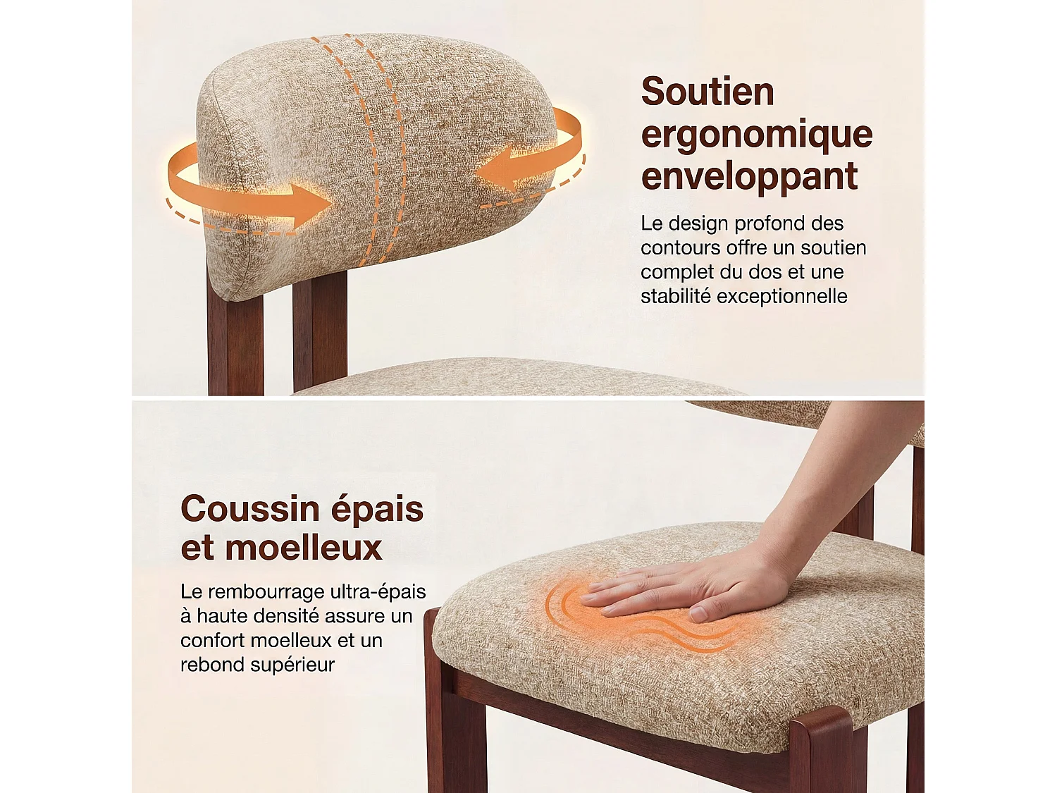 Set di 6 sedie caramello SMARTUE, rivestimento in tessuto ciniglia, seduta spessa, schienale curvo, gambe in legno di hevea color noce scuro
