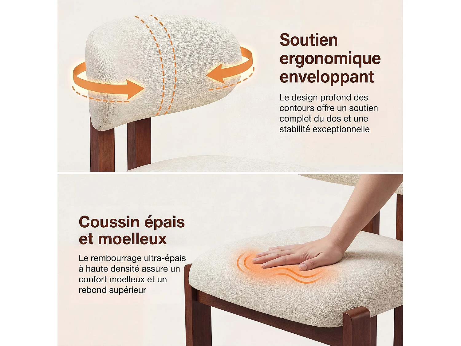 Lot de 4 chaises beige SMARTUE, revêtement en tissu chenille, assise épaisse, dossier incurvé, pieds en bois d’hévéa couleur noyer foncé