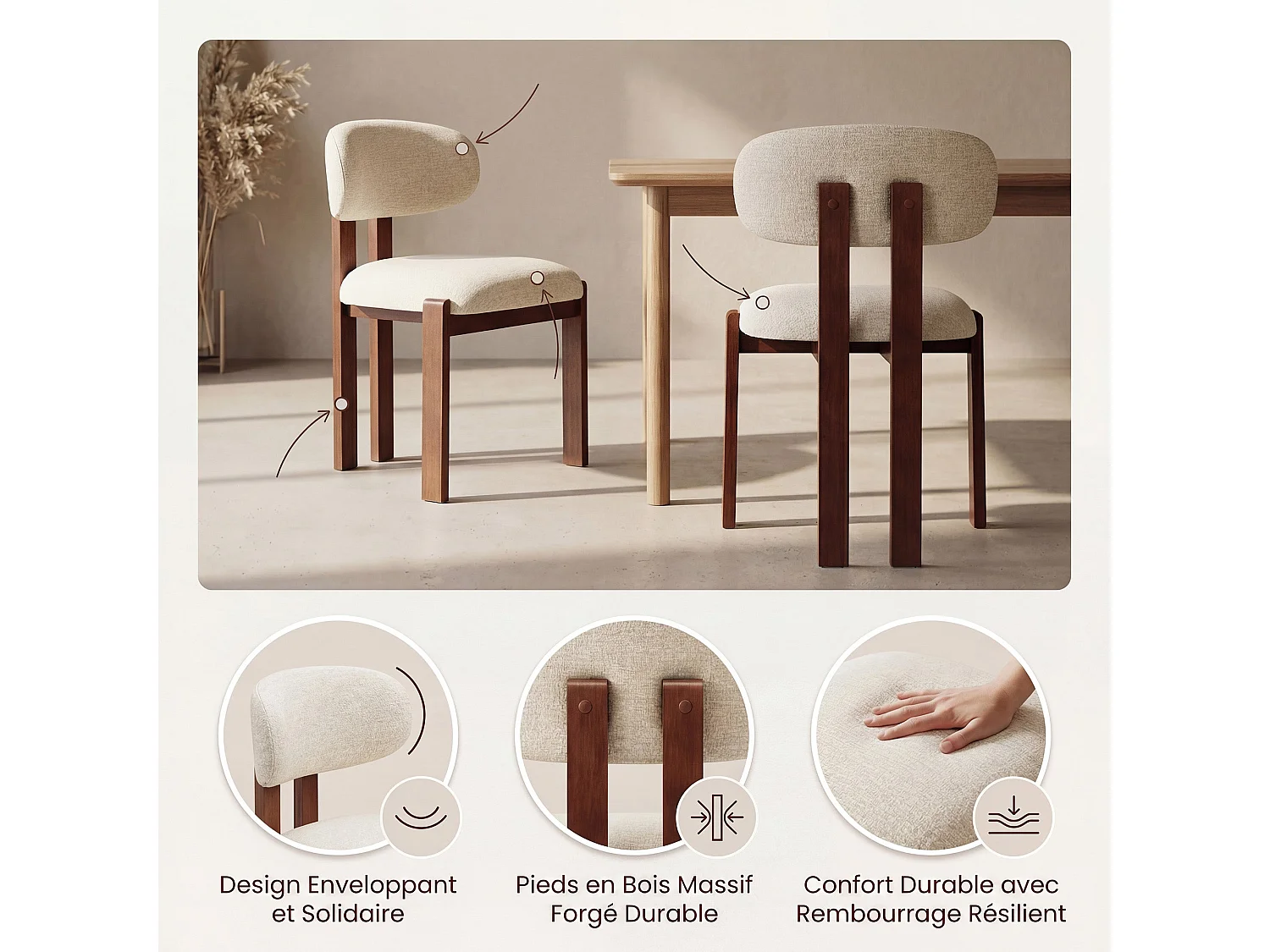 Lot de 4 chaises beige SMARTUE, revêtement en tissu chenille, assise épaisse, dossier incurvé, pieds en bois d’hévéa couleur noyer foncé