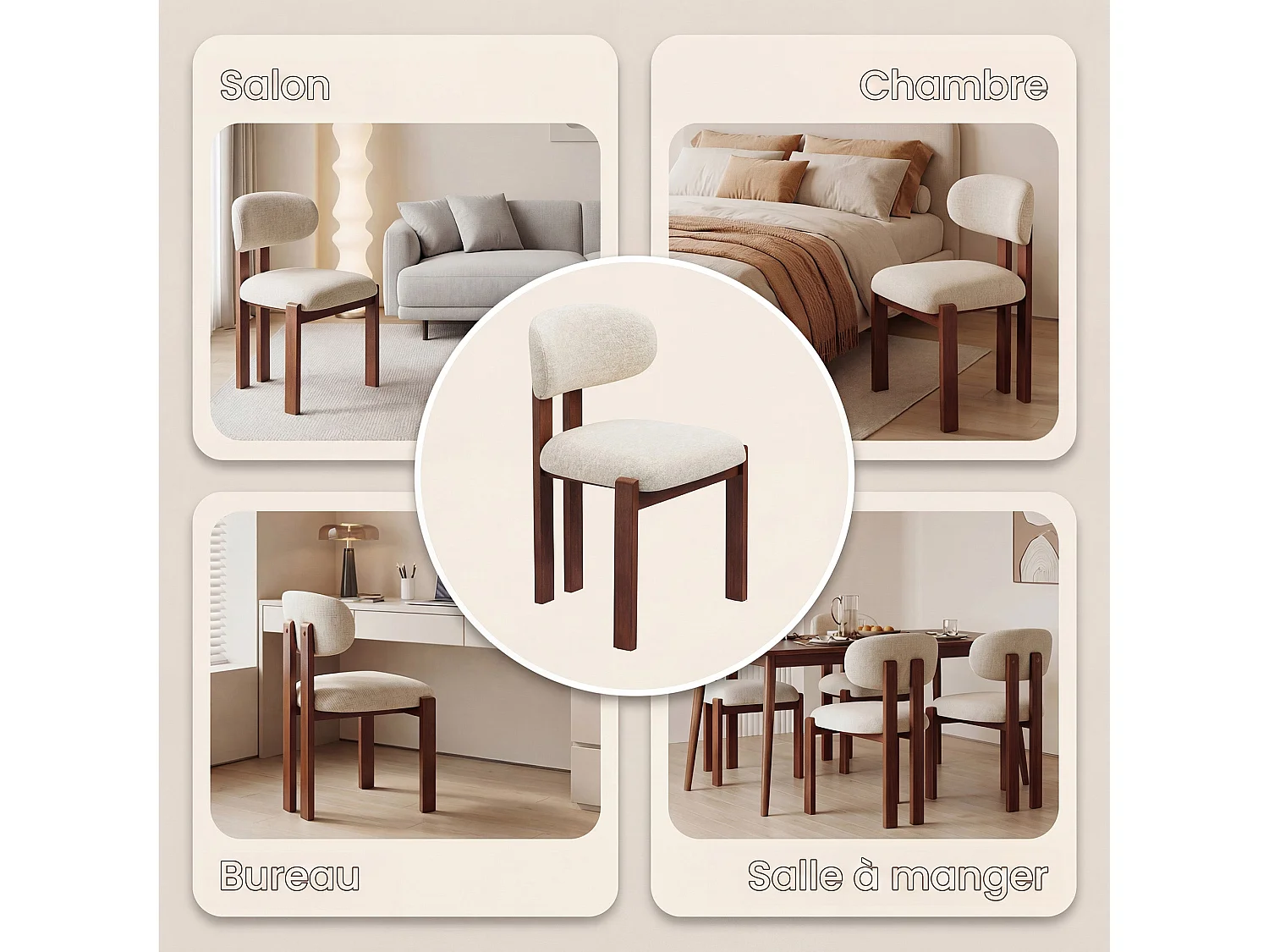 Lot de 4 chaises beige SMARTUE, revêtement en tissu chenille, assise épaisse, dossier incurvé, pieds en bois d’hévéa couleur noyer foncé