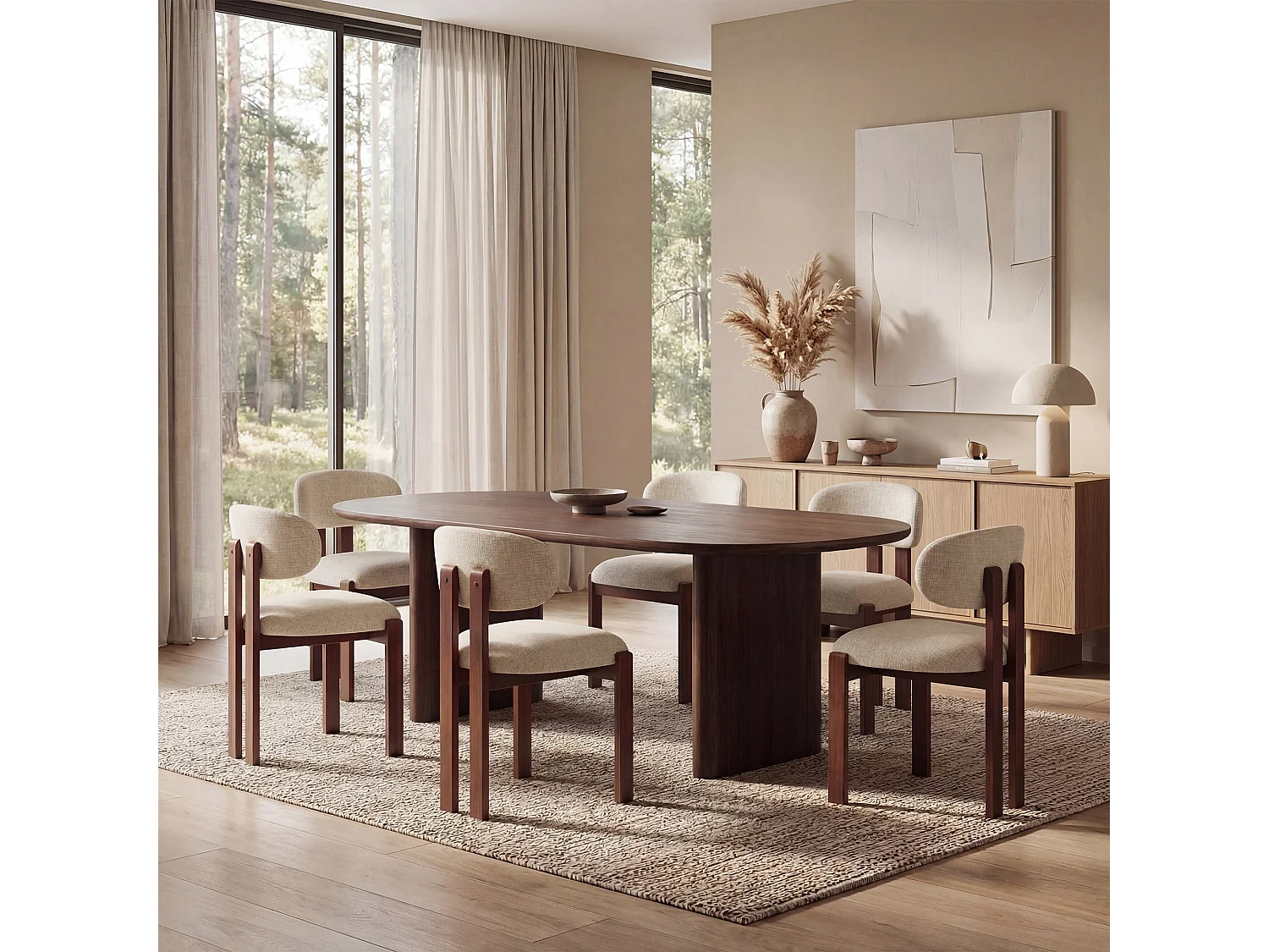Lot de 4 chaises beige SMARTUE, revêtement en tissu chenille, assise épaisse, dossier incurvé, pieds en bois d’hévéa couleur noyer foncé