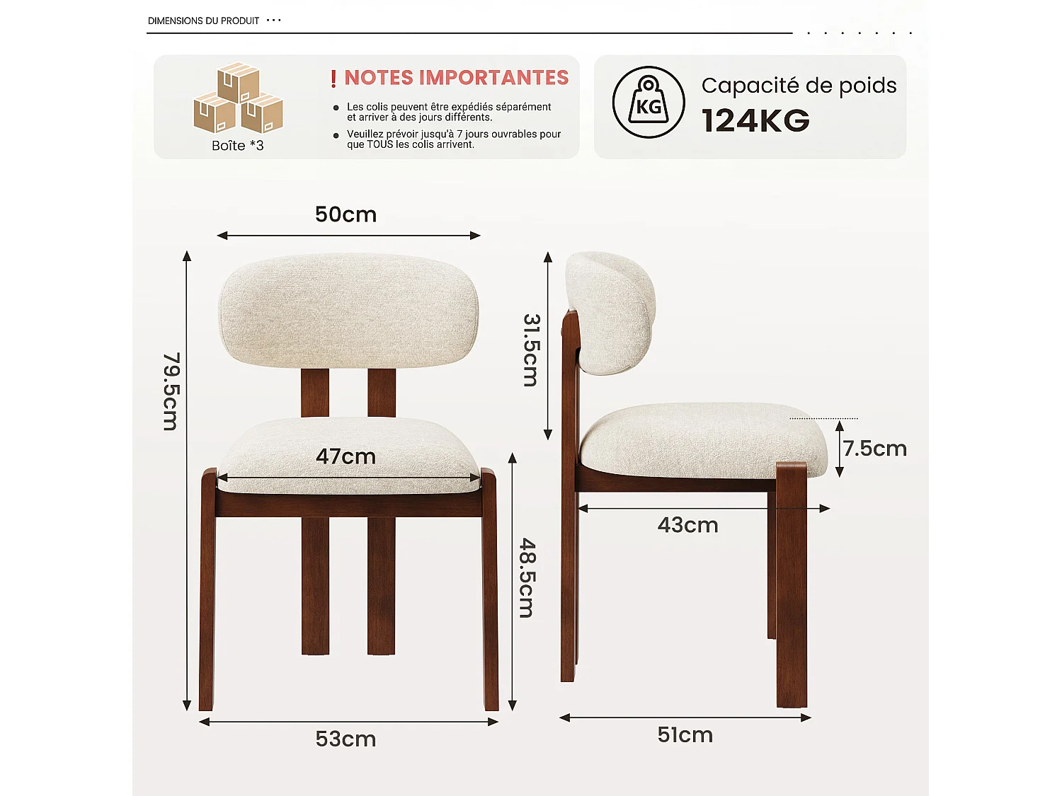 Lot de 6 chaises beige SMARTUE, revêtement en tissu chenille, assise épaisse, dossier incurvé, pieds en bois d’hévéa couleur noyer foncé